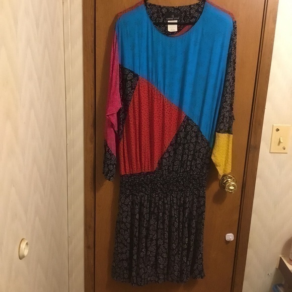 Vintage Color Block Retro Geometric Long Sleeve Drop Waist Patchwork Dress 4 - Picture 1 of 16
